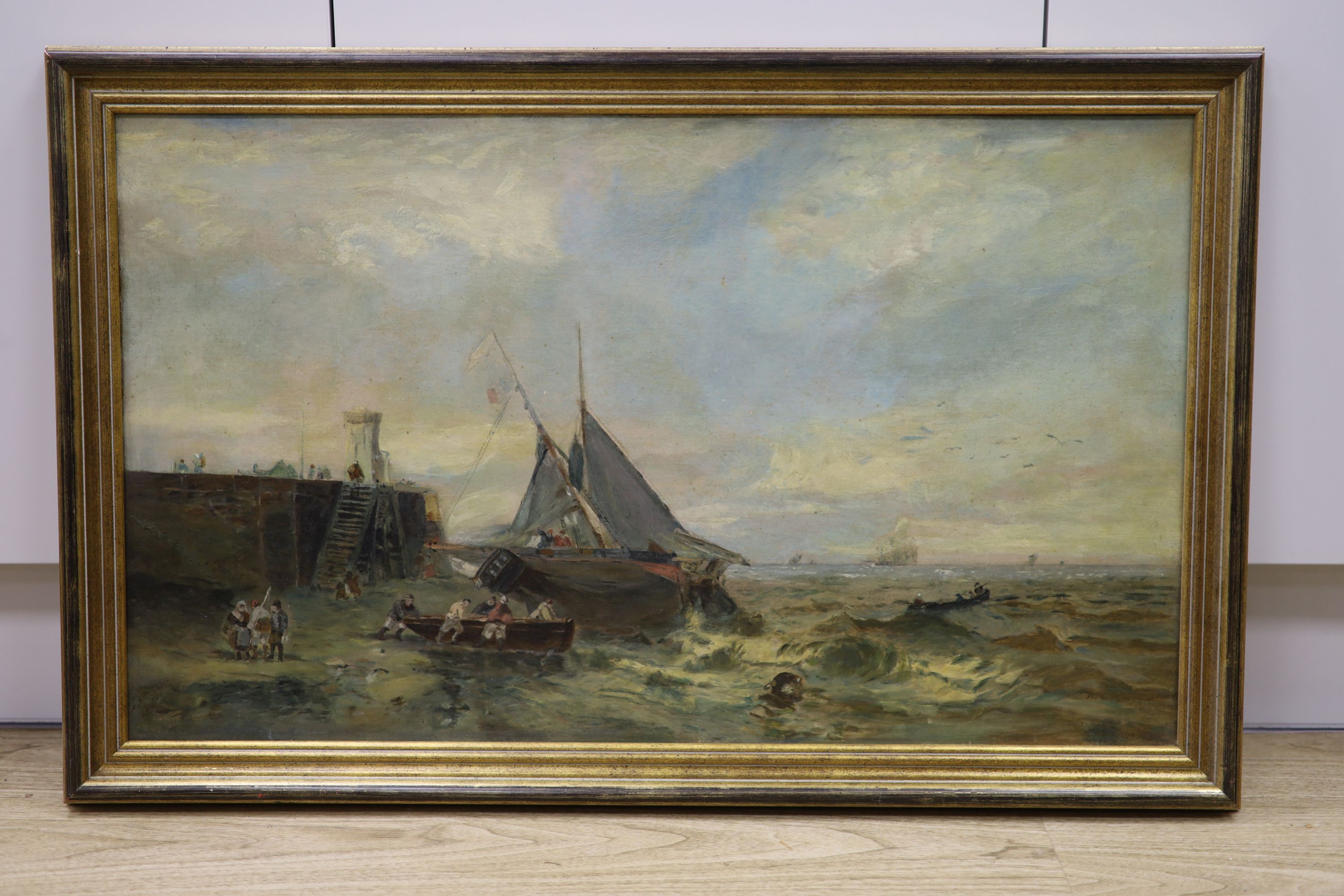 English School, circa 1900, oil on canvas, fisherfolk beside a jetty, 45 x 76cm.